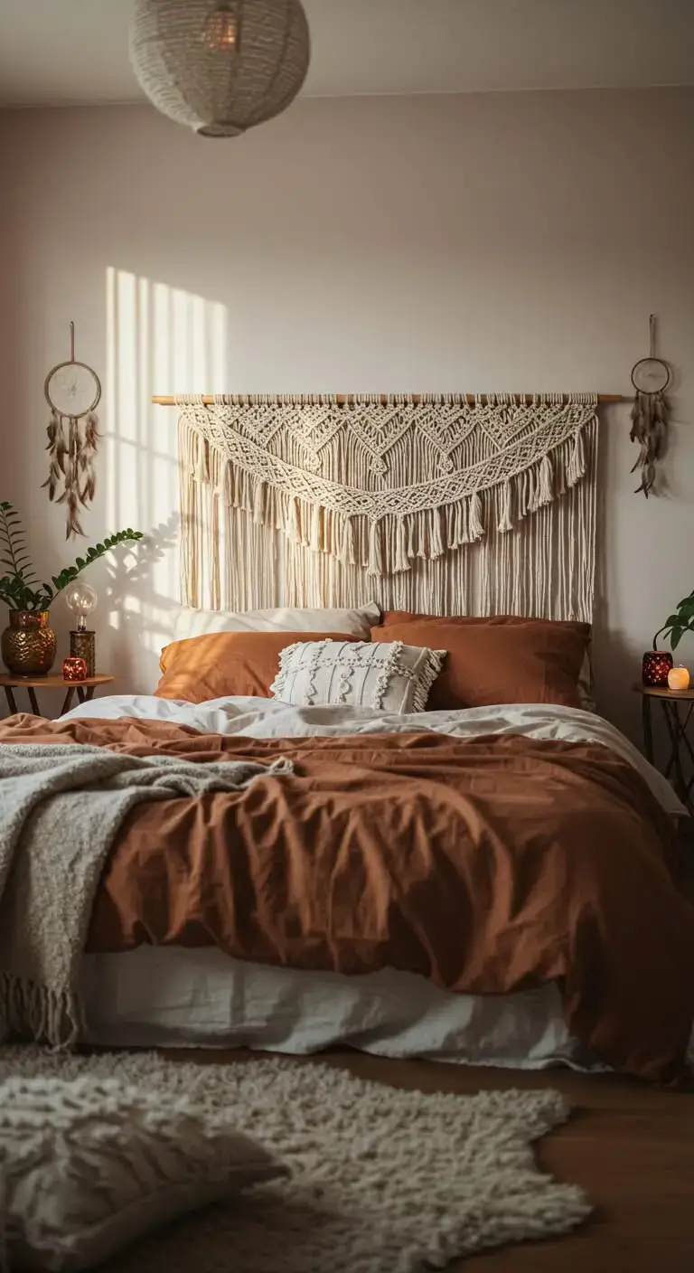 23 Boho Bedroom Headboard Ideas That Feel Warm & Stylish 4 2. Macrame Headboard for a Soft Look