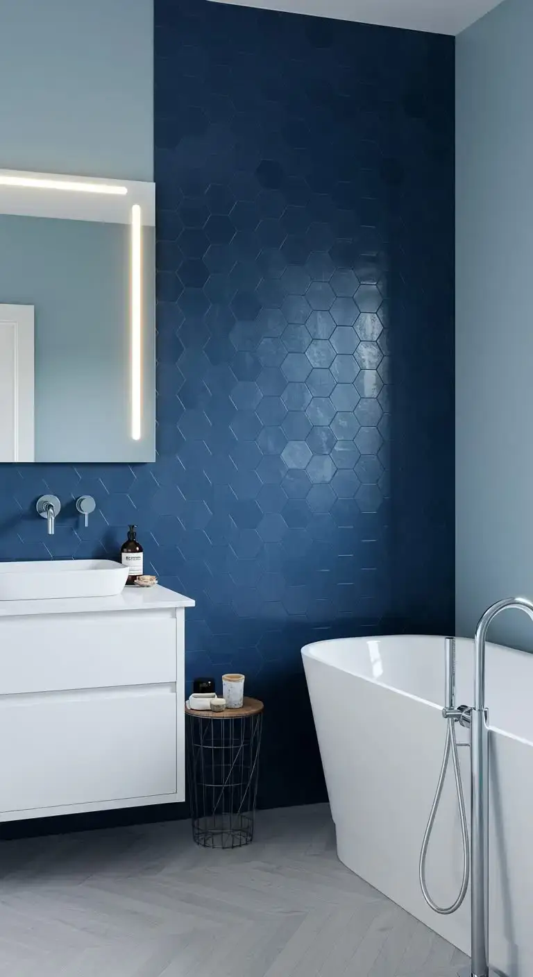 13 Simple & Stunning Blue Bathroom Backsplash Ideas 5 2. Navy Blue Hexagon Tile Backsplash