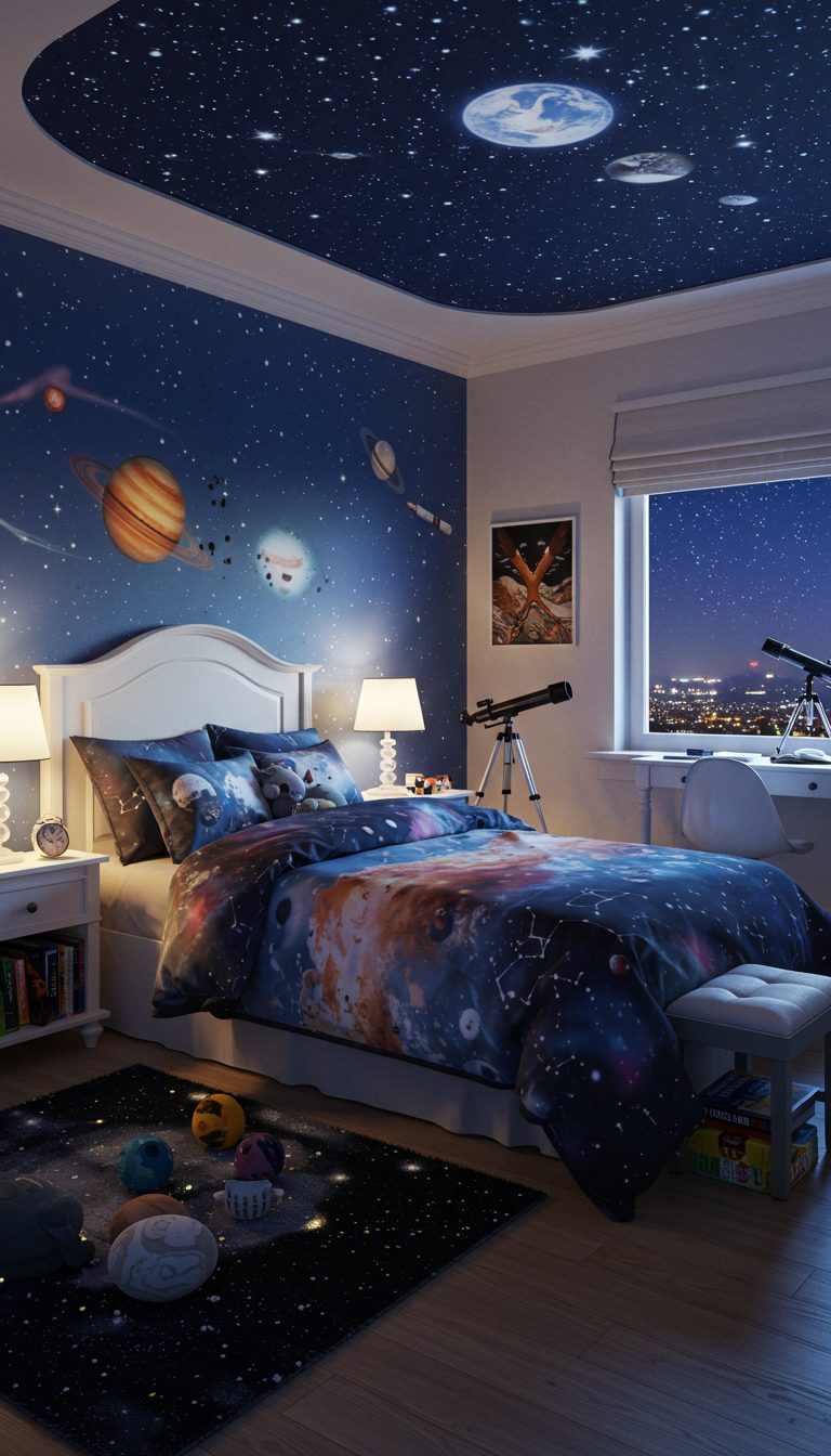 12 Space Themed Girl Bedroom Designs She’ll Adore 4 Planetary Bedding and Pillows