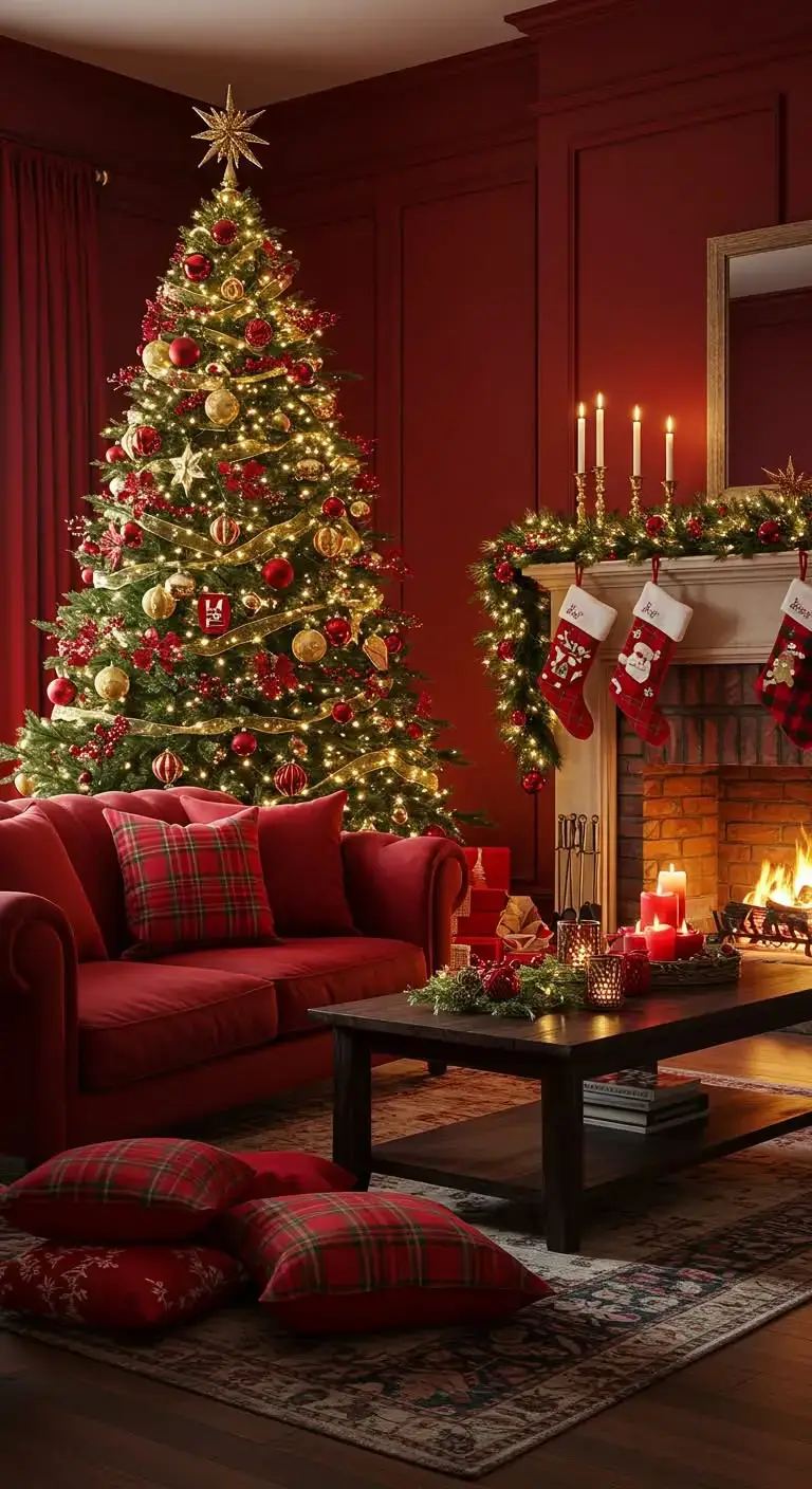 21 Red Christmas Living Room Ideas for a Warm, Festive Space 4 2. Red Plaid Accents