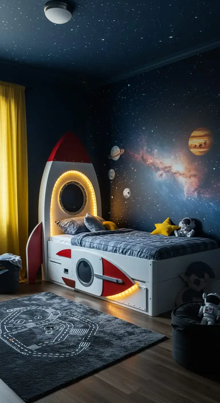 25 Space Themed Bedroom Ideas For Boy Toddlers You’ll Love 4 2. Rocket Ship Bed
