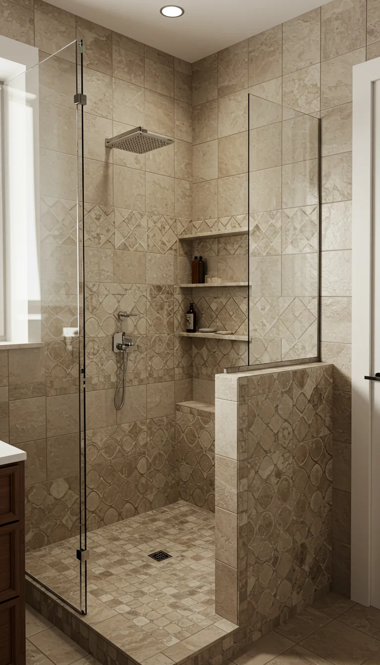 12 Half Wall Shower Ideas for a Bright & Chic Bathroom 4 Tiled Half Wall with Built-In Shelving