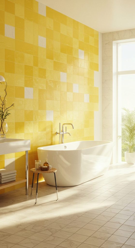 17+ Bright and Stylish Yellow Bathroom Ideas 2 Yellow and White Tile Combinations