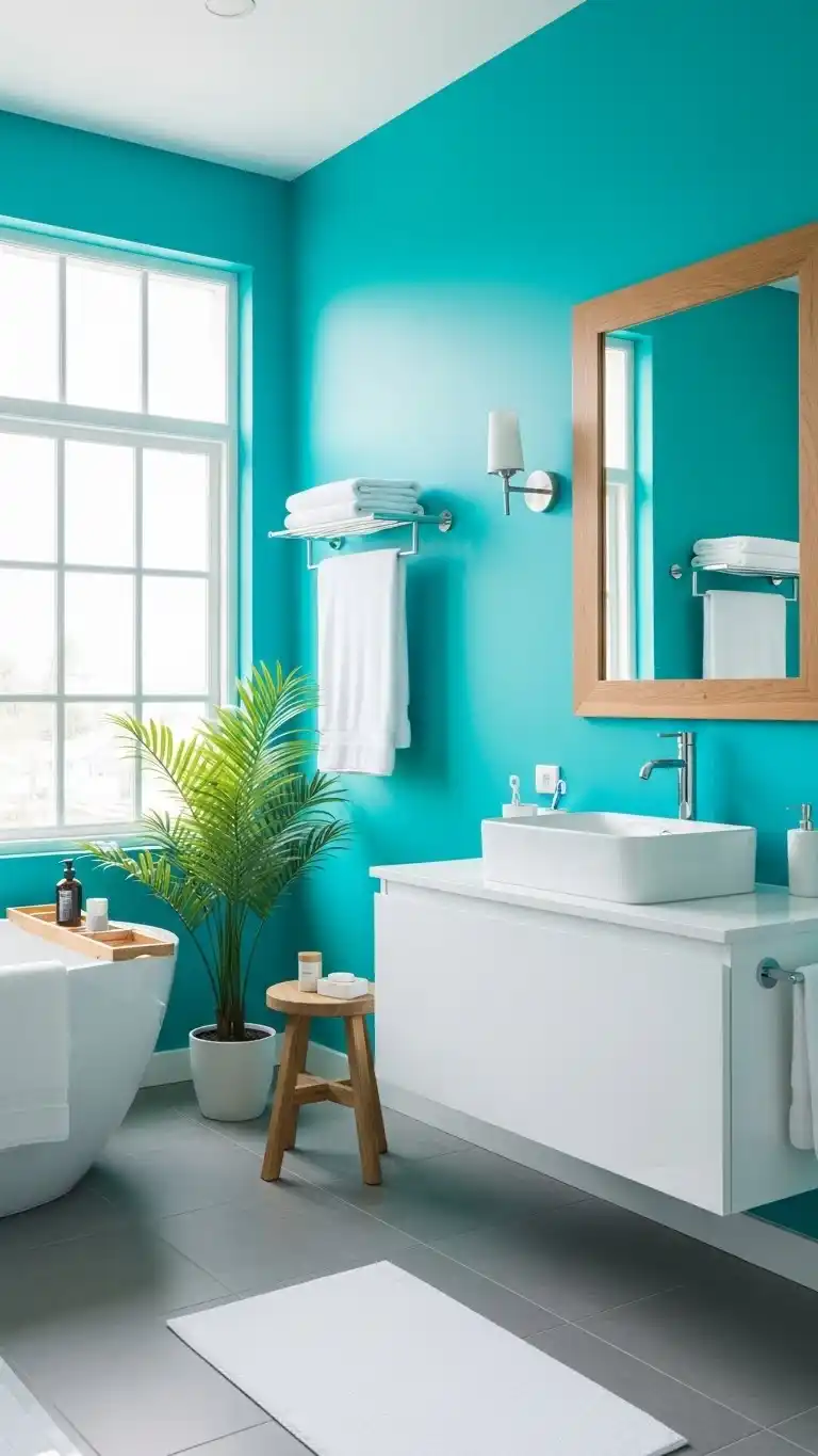 23 Top Bathroom Paint Colors to Refresh Any Space 22 20. Bright Teal for a Bold, Tropical Feel