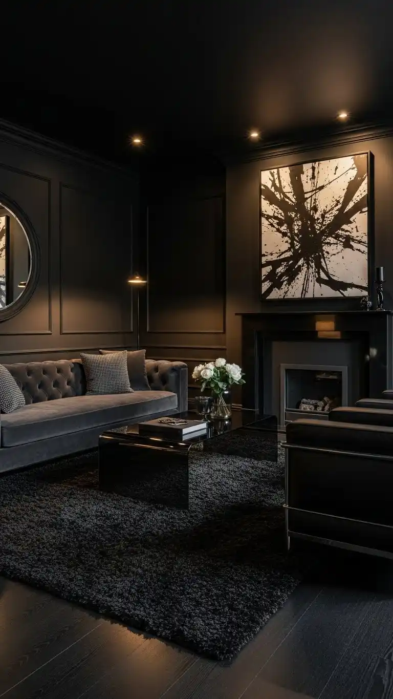 Black Living Room Ideas to Transform Your Space 23 20. Monochrome Black Decor