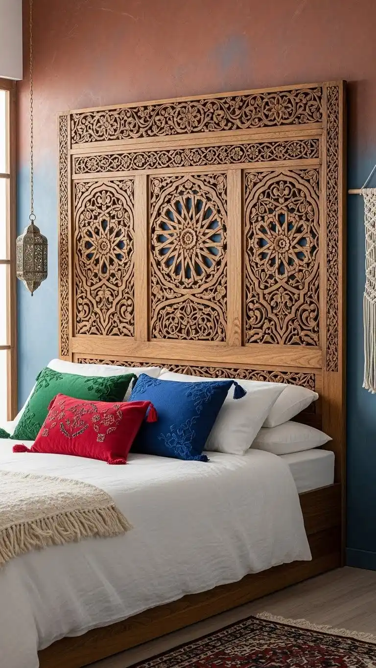 23 Boho Bedroom Headboard Ideas That Feel Warm & Stylish 22 20. Moroccan-Inspired Wooden Carved Headboard