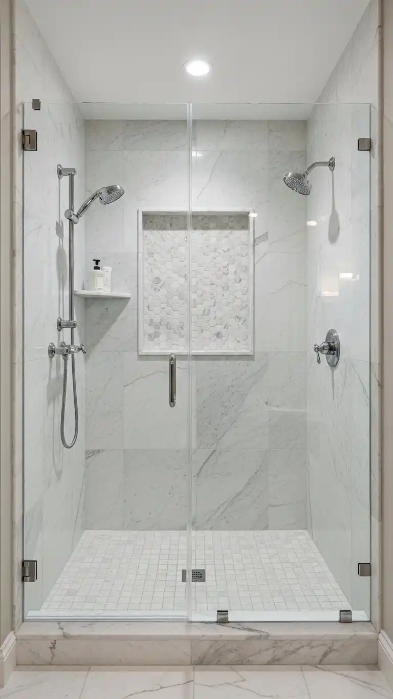 23 Walk In Shower Ideas That Feel Open & Luxurious 22 20. Walk-in Shower with Marble Accents