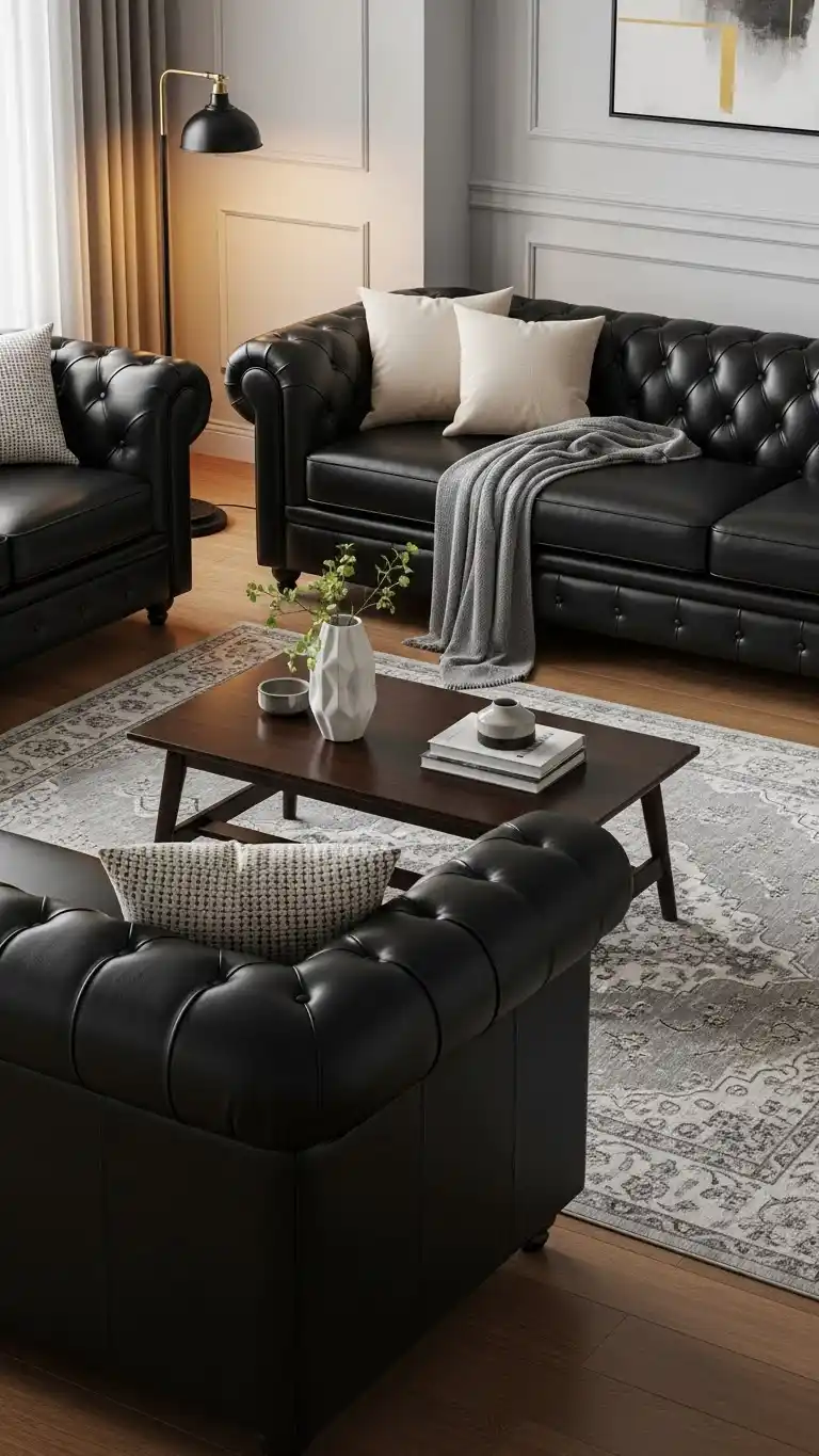 Black Living Room Ideas to Transform Your Space 24 21. Black Leather Furniture