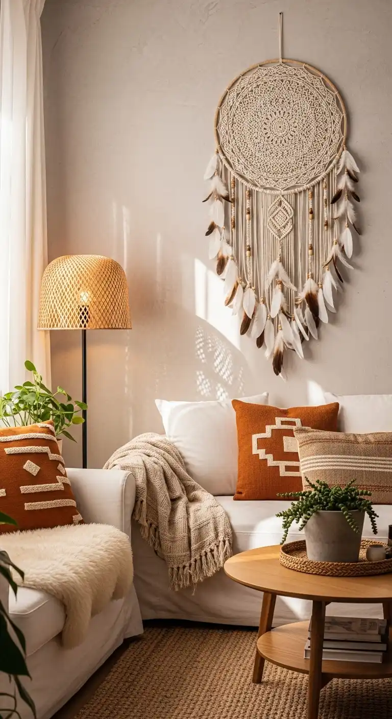 25 Boho Living Room Ideas to Transform Your Space 22 21. Dreamcatchers and Feathers