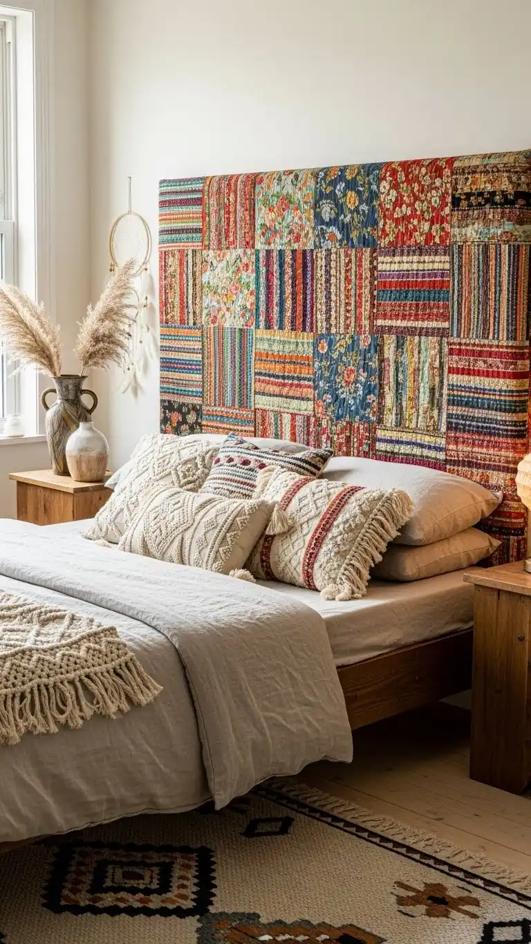 23 Boho Bedroom Headboard Ideas That Feel Warm & Stylish 23 21. Patchwork Quilt Headboard