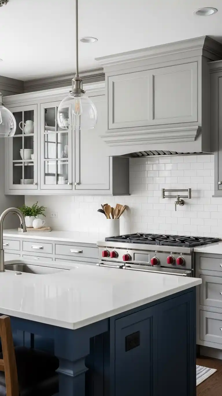 21 Creative Kitchen Color Schemes for Every Style 23 21. Transitional Navy, Gray, and White