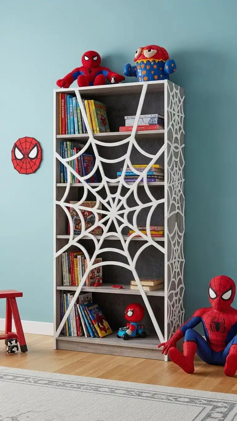 23 Spider Man Bedroom Ideas That Feel Bold and Playful 23 21. Web-Inspired Bookshelf