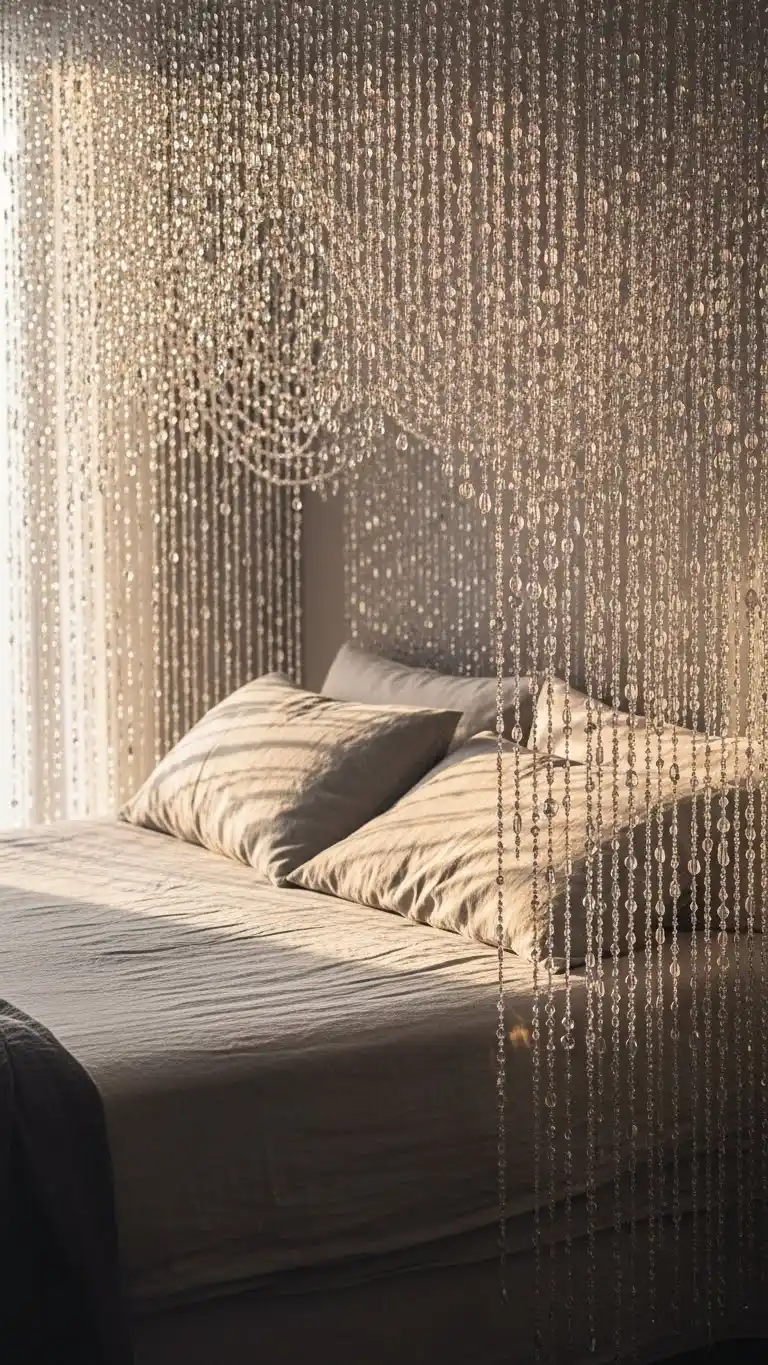 23 Boho Bedroom Headboard Ideas That Feel Warm & Stylish 24 22. Beaded Curtain Headboard