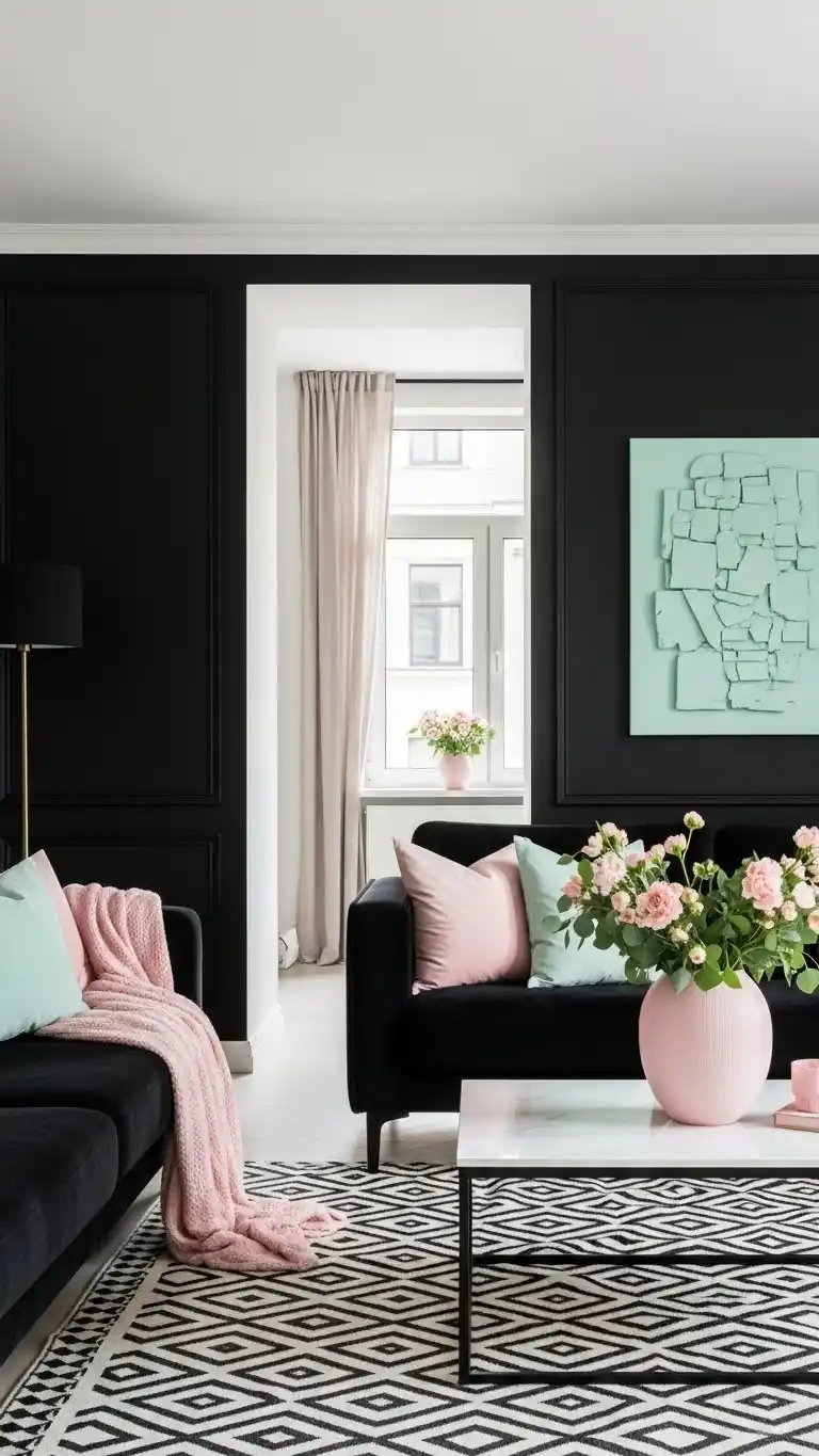Black Living Room Ideas to Transform Your Space 25 22. Black and Pastels for a Feminine Touch