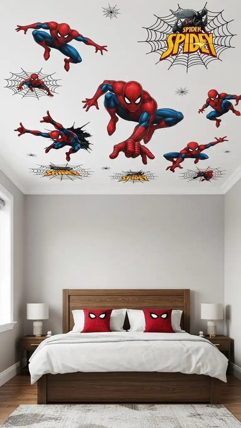 23 Spider Man Bedroom Ideas That Feel Bold and Playful 24 22. Spidey-Themed Ceiling Stickers