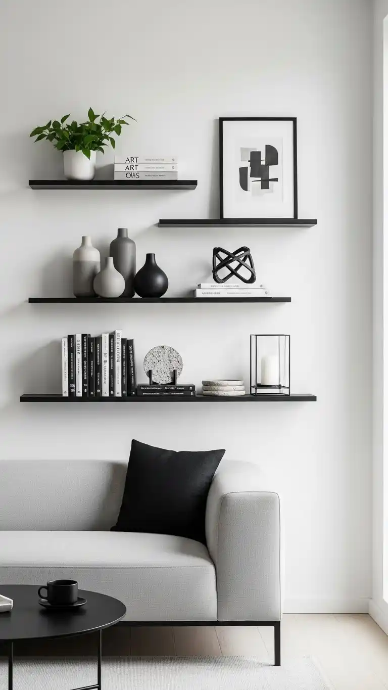 Black Living Room Ideas to Transform Your Space 26 23. Floating Black Shelves