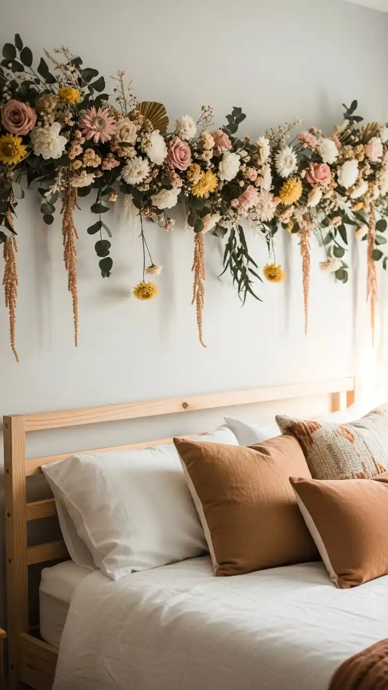 23 Boho Bedroom Headboard Ideas That Feel Warm & Stylish 25 23. Floral Garland Headboard