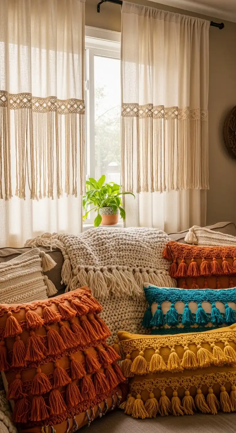 25 Boho Living Room Ideas to Transform Your Space 24 23. Fringe and Tassel Details