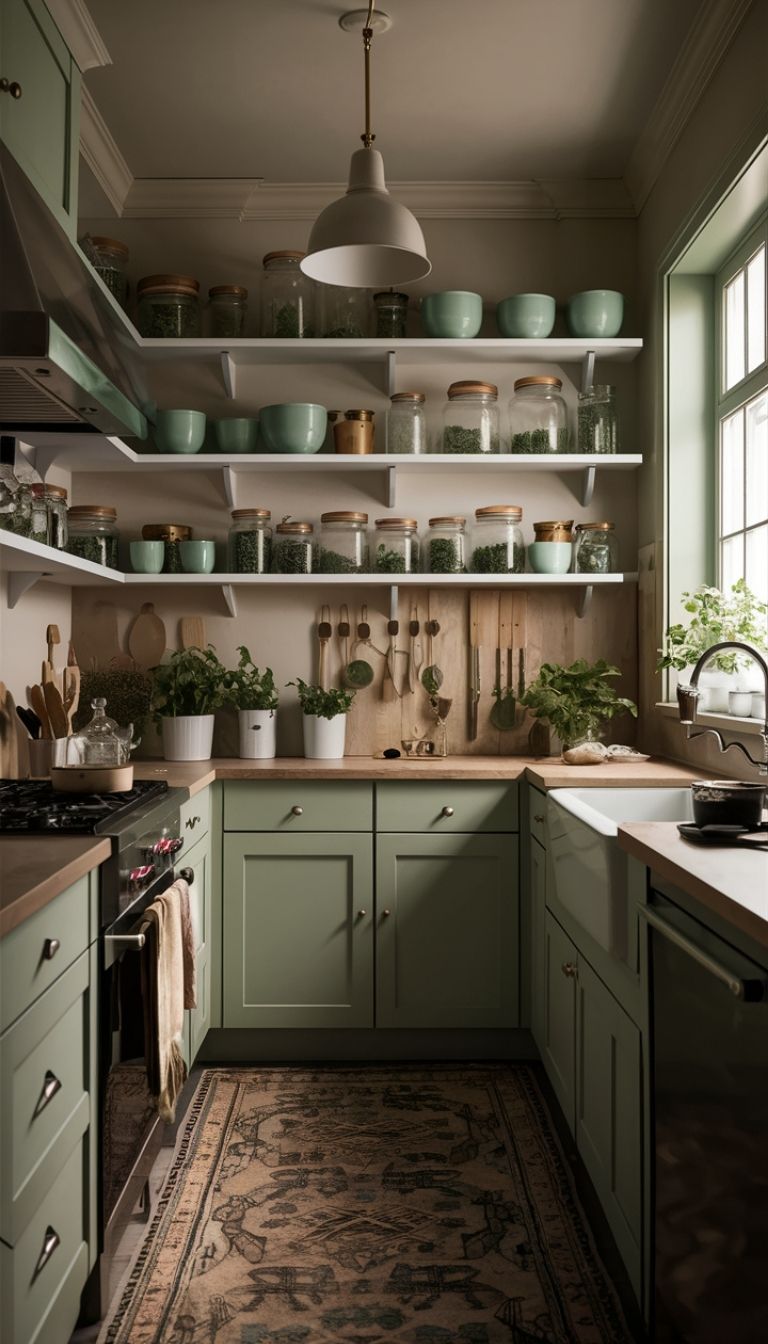 Open Shelving with Green Decor Open Shelving with Green Decor