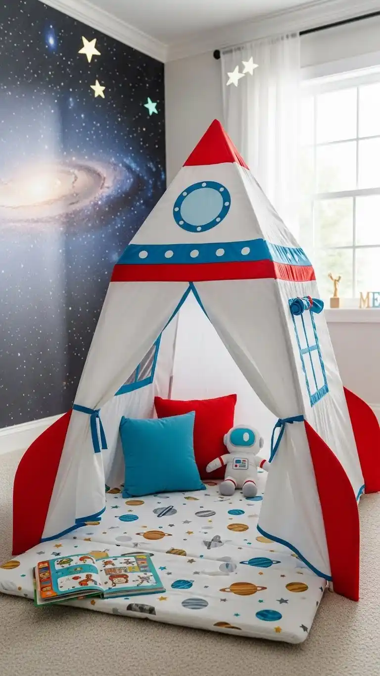 25 Space Themed Bedroom Ideas For Boy Toddlers You’ll Love 25 23. Rocket Tent Play Area