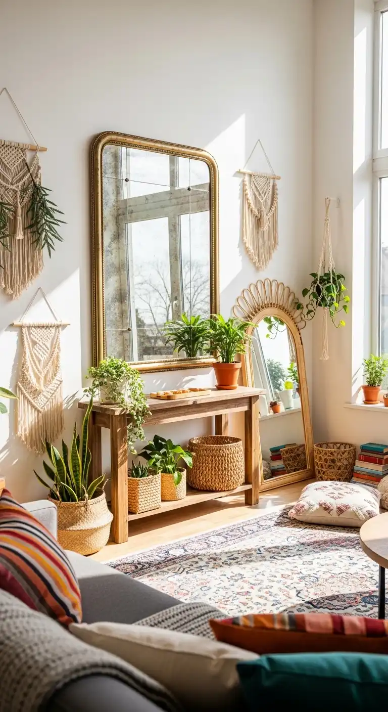 25 Boho Living Room Ideas to Transform Your Space 25 24. Large Mirrors to Enhance Light
