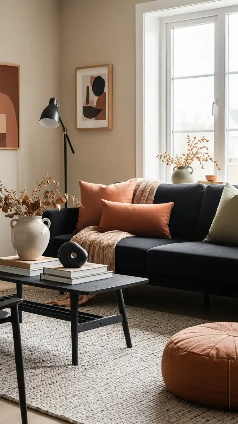 Black Living Room Ideas to Transform Your Space 28 25. Black and Earthy Tones