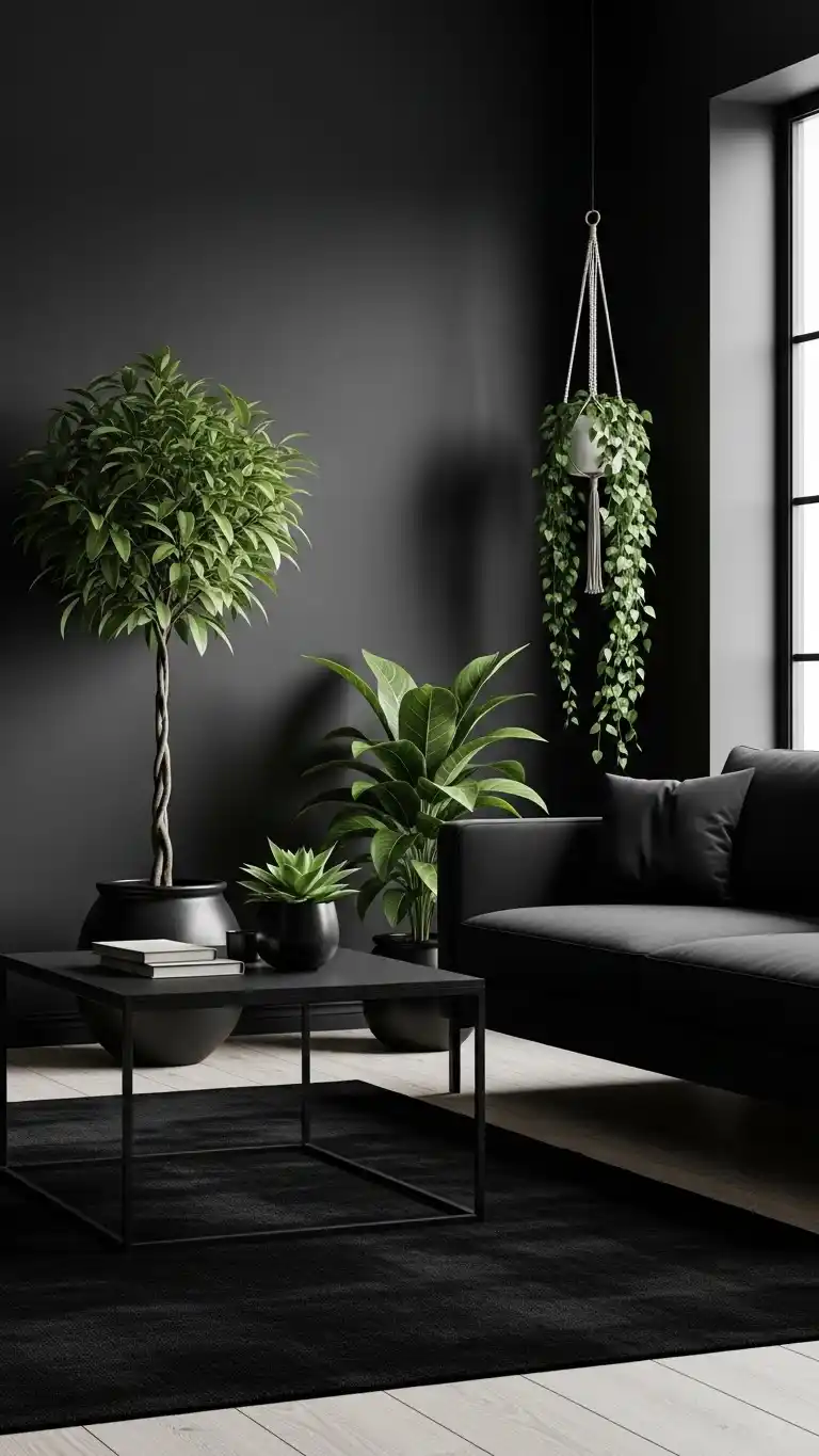 Black Living Room Ideas to Transform Your Space 29 26. Black Living Room with Plants