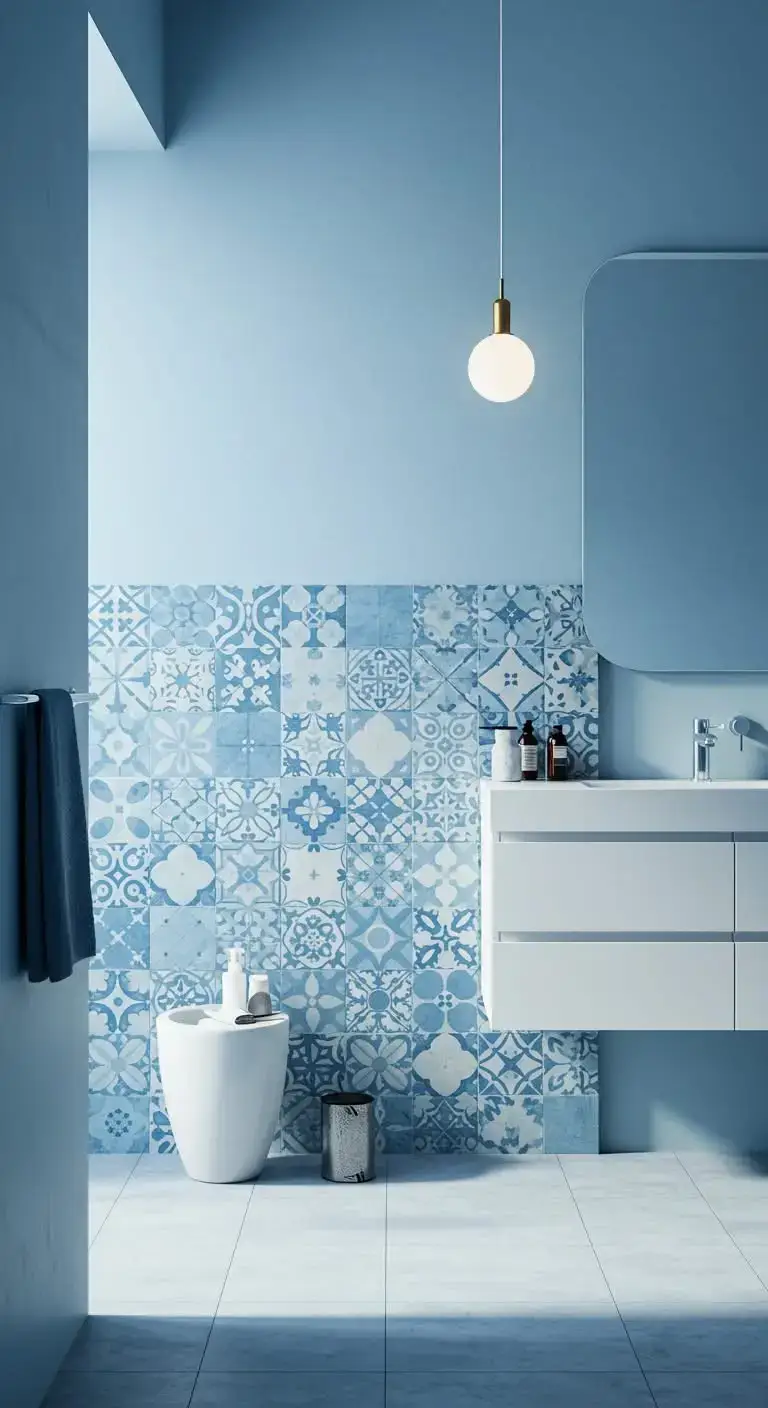 13 Simple & Stunning Blue Bathroom Backsplash Ideas 6 3. Blue and White Moroccan Tile Backsplash