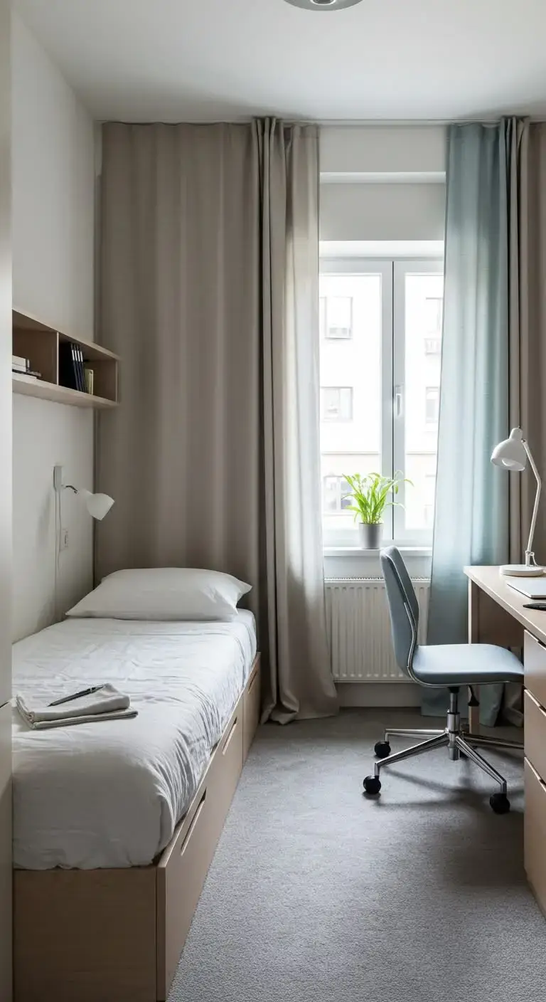19 Small Shared Bedroom Ideas That Feel Calm and Organized 5 3. Divide the Room with Curtains