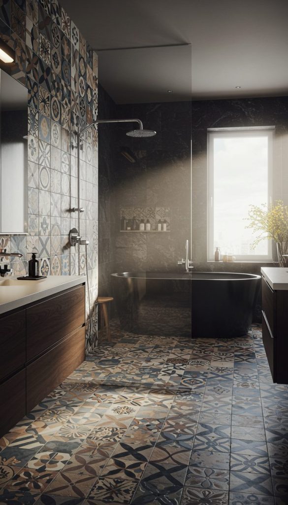 15+ Easy & Elegant Bathroom Remodel Ideas for Any Home 3 Experiment with Bold Tiles