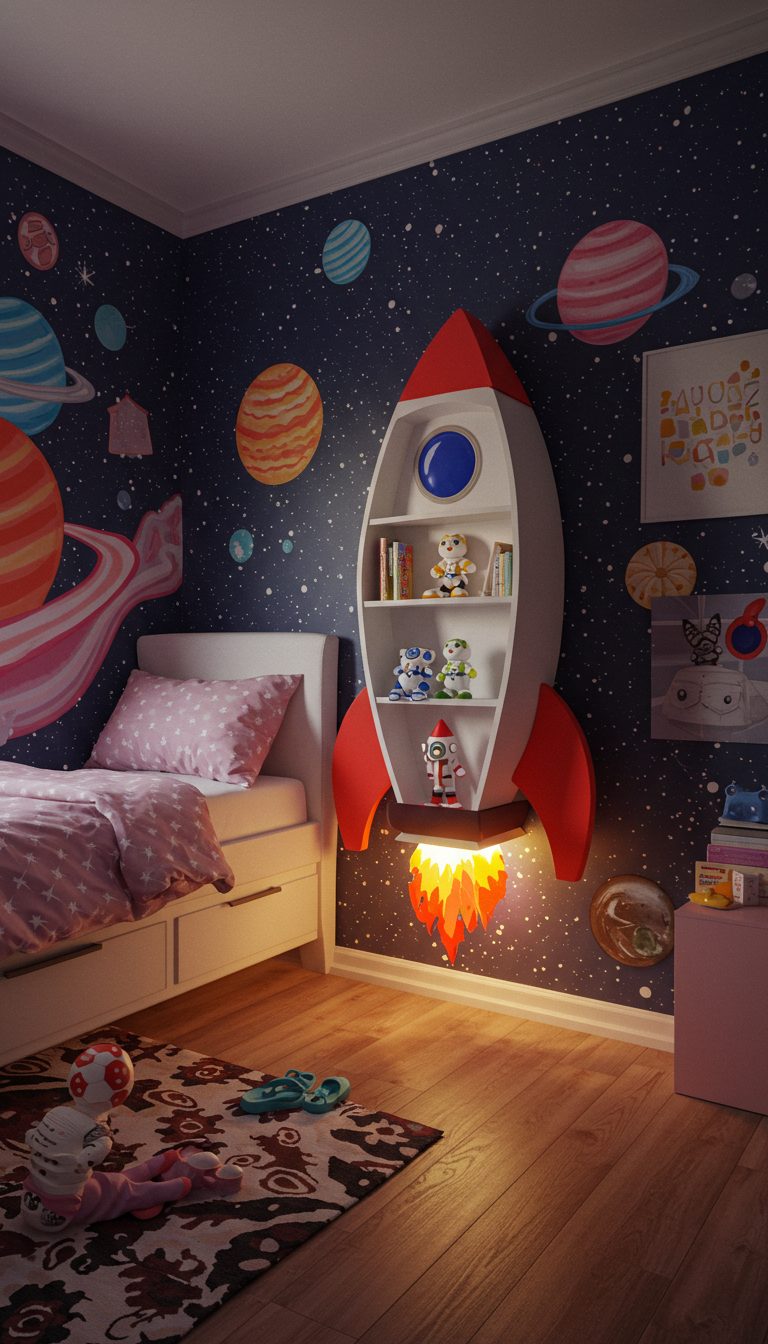 12 Space Themed Girl Bedroom Designs She’ll Adore 5 Floating Rocket Shelves