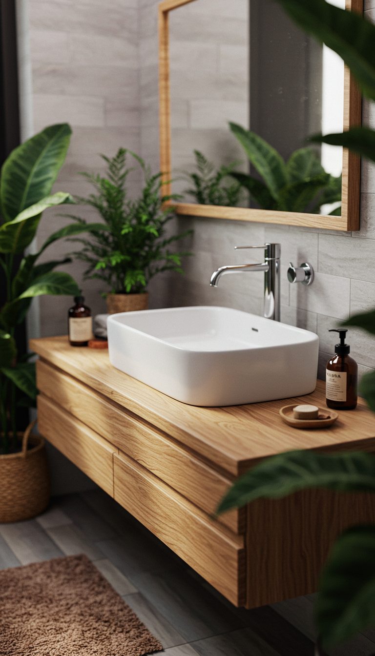 14 Boho Bathroom Sink Ideas for a Stylish Space 5 Floating Wooden Vanity with Minimalist Basin