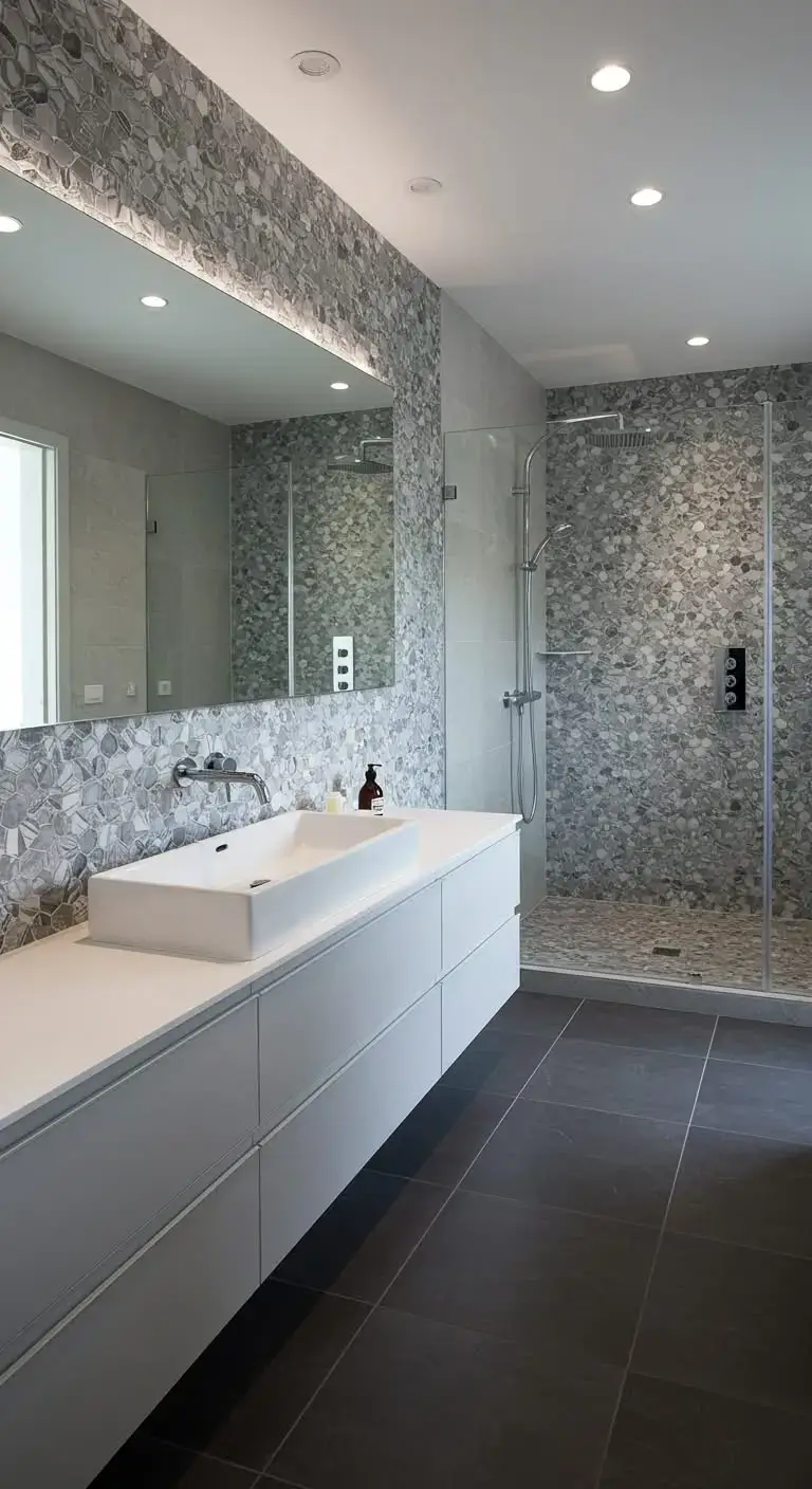 15 Stylish Gray Bathroom Backsplash Ideas 6 3. Gray and White Marble Mosaic Backsplash