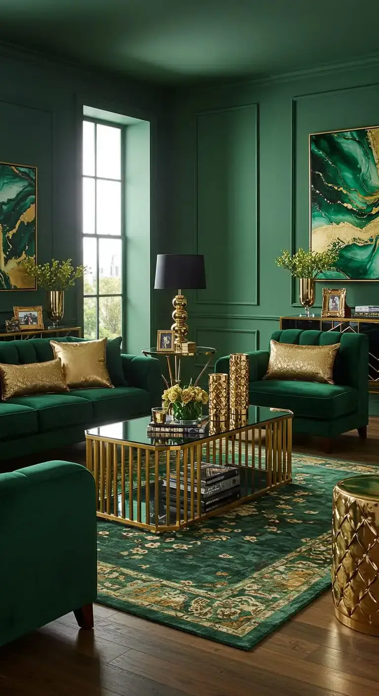 Dark Green Living Room Ideas: 19 Timeless Styles for Any Home 6 3. Green and Gold Accents for a Chic Look