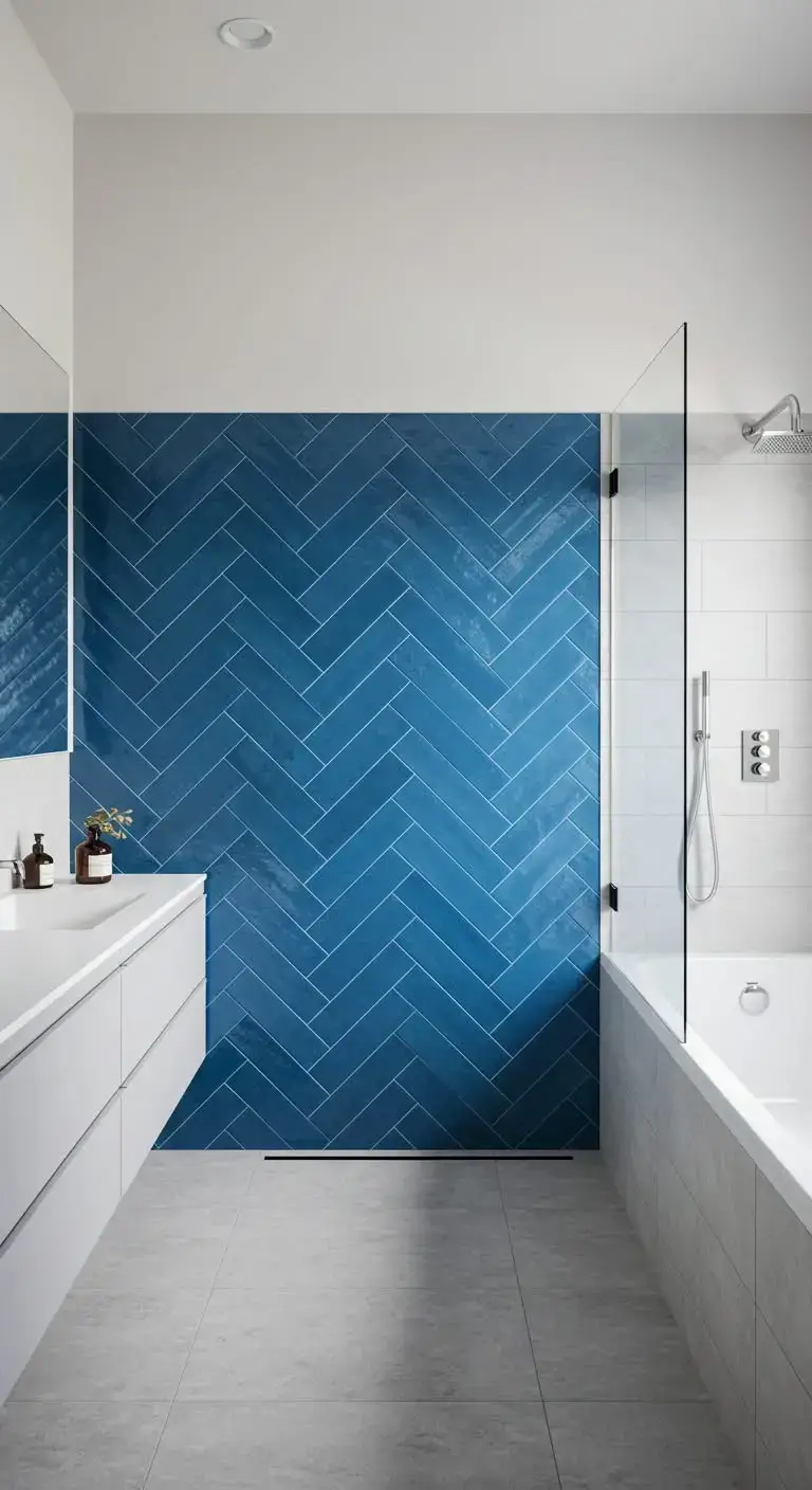 15 Half Wall Bathroom Backsplash Ideas for a Chic Look 6 3. Herringbone Pattern Tile Half Wall
