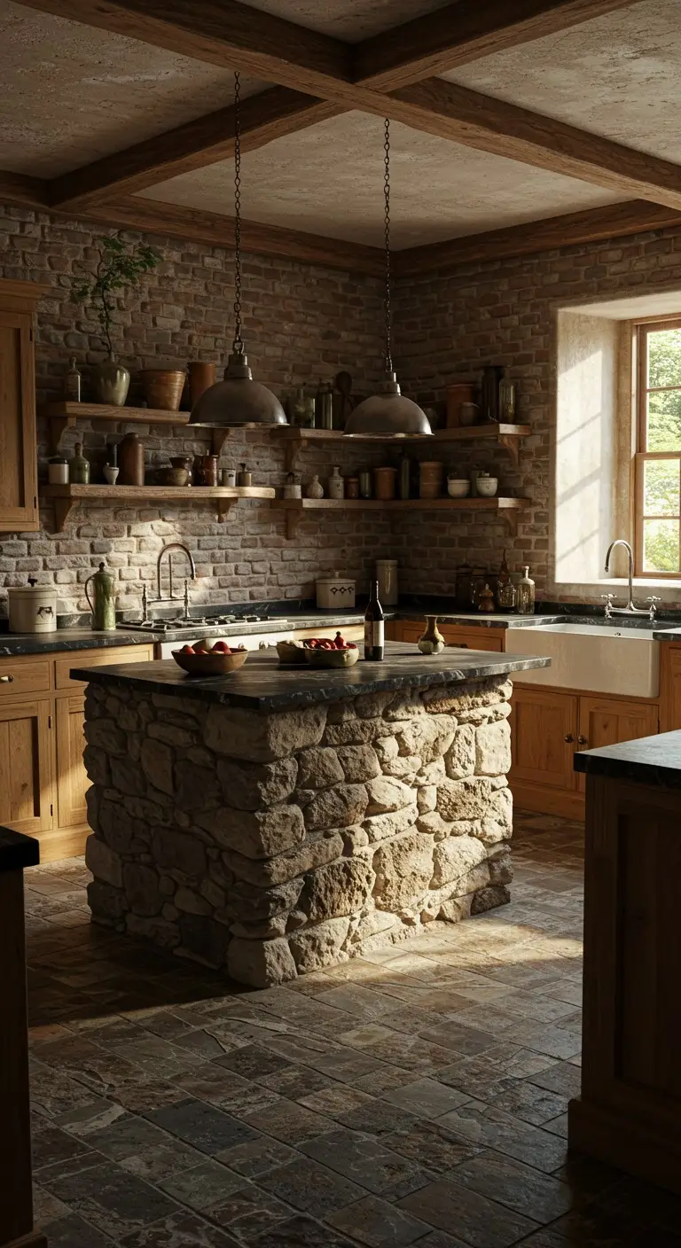 11 Earthy Kitchen Ideas to Warm Up Your Home 5 3. Incorporate Stone and Brick Features