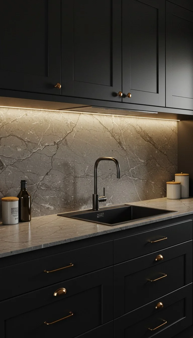 17 Stunning Backsplash Ideas for Dark Cabinet Kitchens 5 3. Marble-Inspired Backsplash