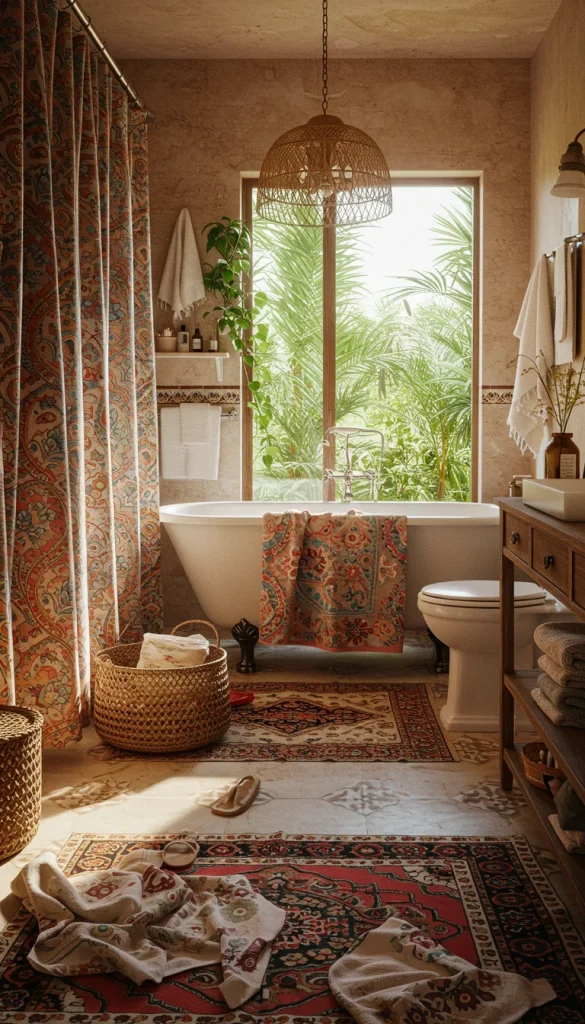 15 Boho Bathroom Ideas to Transform Your Space 3 3. Mix and Match Textiles