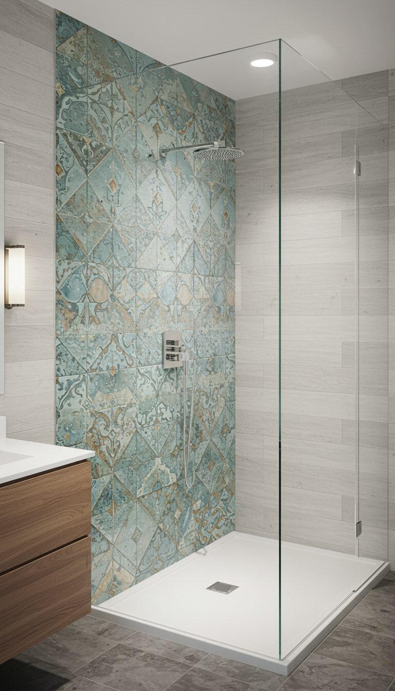 11 No Door Shower Ideas for a Modern Bathroom Look 5 Open Concept Shower with Tile Accent Wall