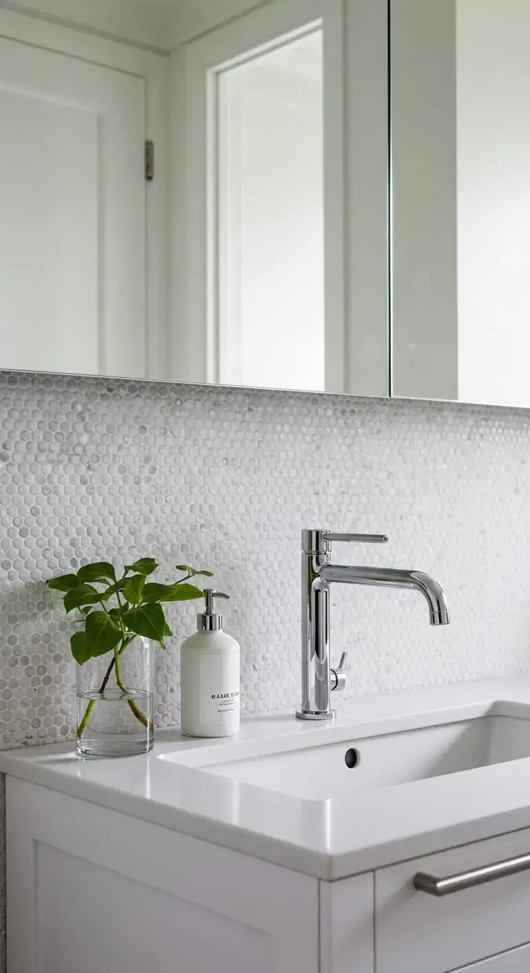 13 Elegant Bathroom Backsplash Ideas White Vanity for a Bright Space 6 3. Penny Tile Backsplash