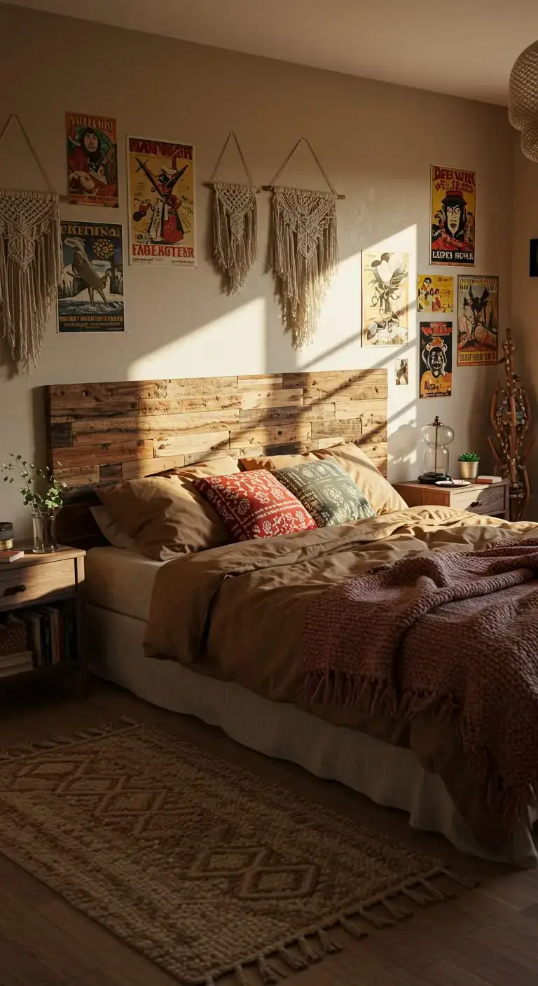 23 Boho Bedroom Headboard Ideas That Feel Warm & Stylish 5 3. Reclaimed Wood Headboard for Rustic Charm