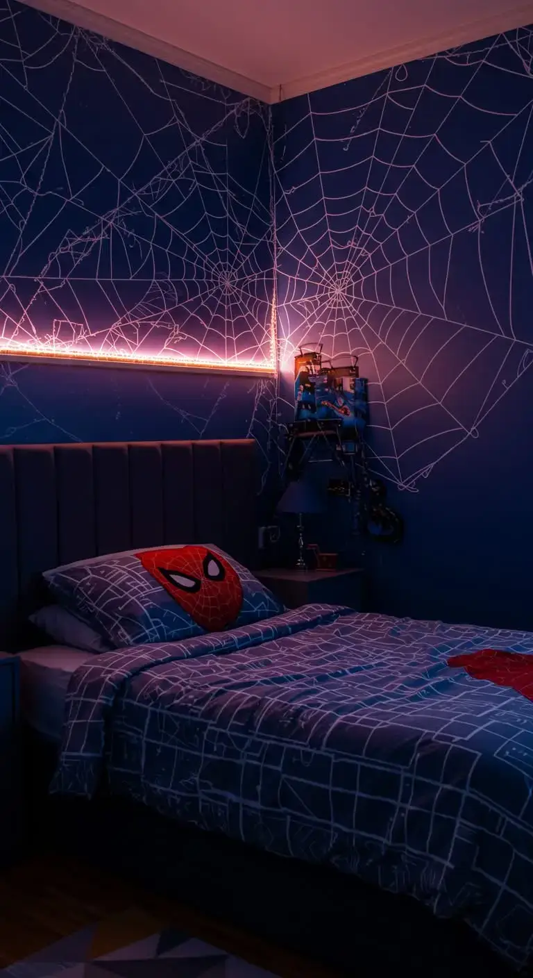 23 Spider Man Bedroom Ideas That Feel Bold and Playful 5 3. Web-Inspired Lighting