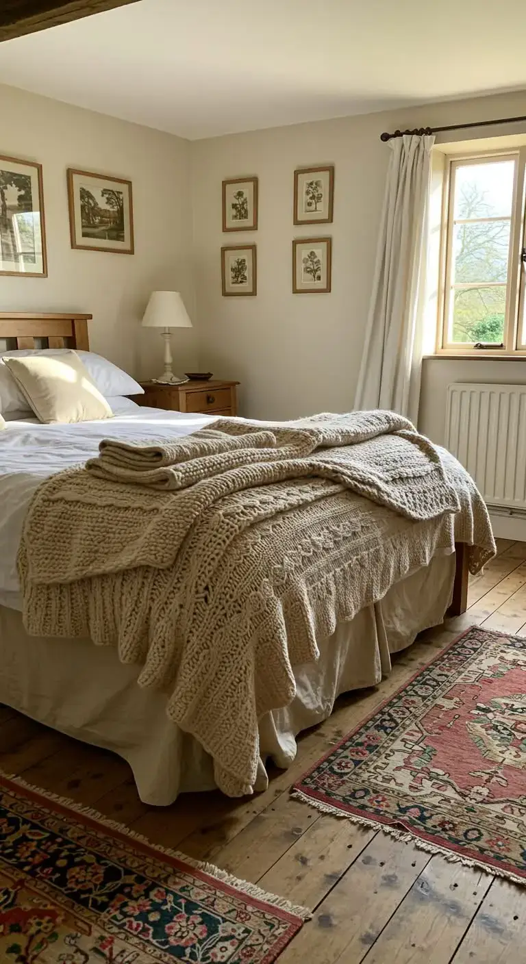 25 Simple English Cottage Bedroom Ideas to Try 7 Cozy Knit Throws
