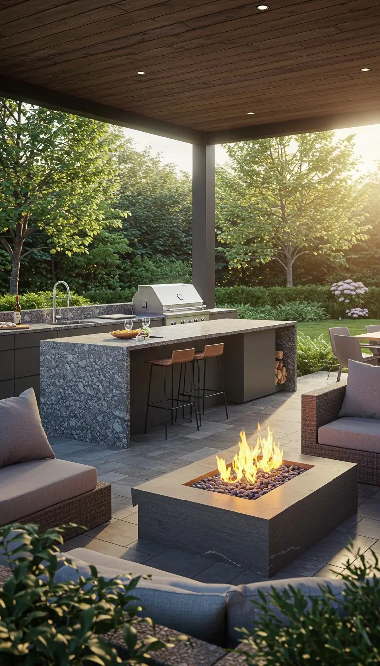 13 Modern Outdoor Kitchen Ideas for Every Backyard 6 4. Fire Pit and Outdoor Dining Area