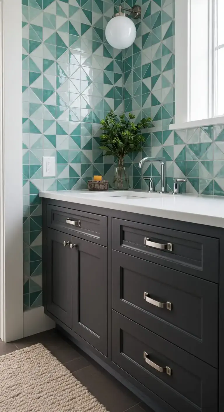 13 Bathroom Backsplash Ideas Vanities Tile You’ll Love 6 4. Geometric Pattern Tile Backsplash