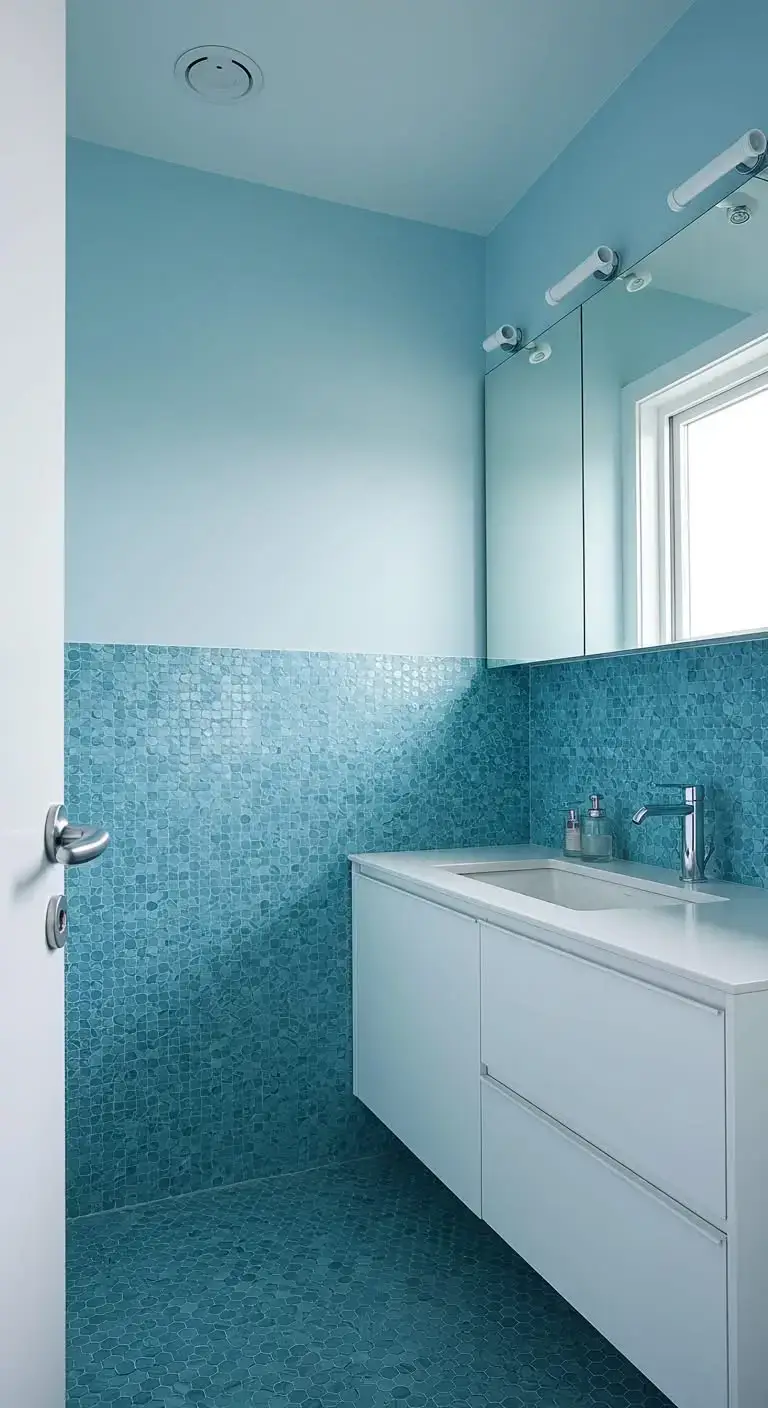 13 Simple & Stunning Blue Bathroom Backsplash Ideas 7 4. Glossy Sky Blue Penny Tile Backsplash