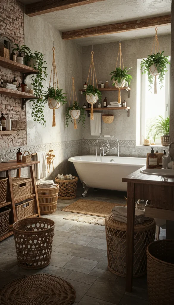 15 Boho Bathroom Ideas to Transform Your Space 4 4. Incorporate Woven Baskets