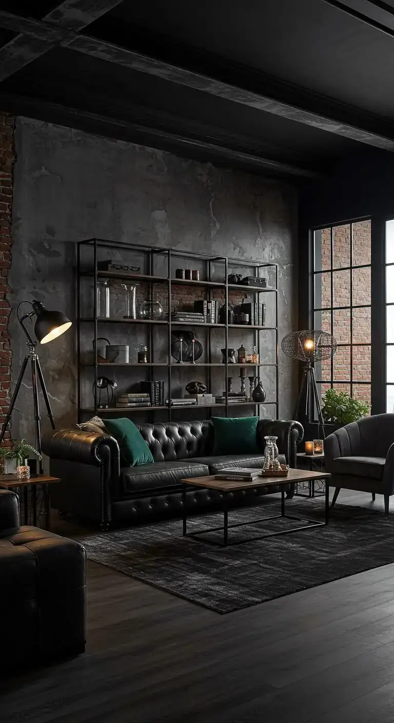 Black Living Room Ideas to Transform Your Space 7 4. Industrial Chic with Black Elements