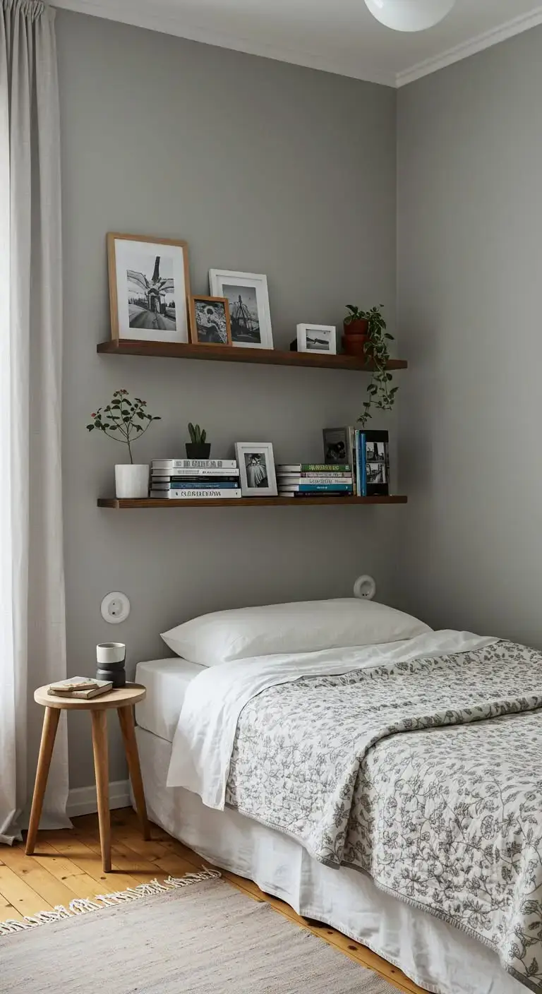 23 Stylish Tiny Bedroom Ideas That Maximize Space 6 4. Install Floating Shelves