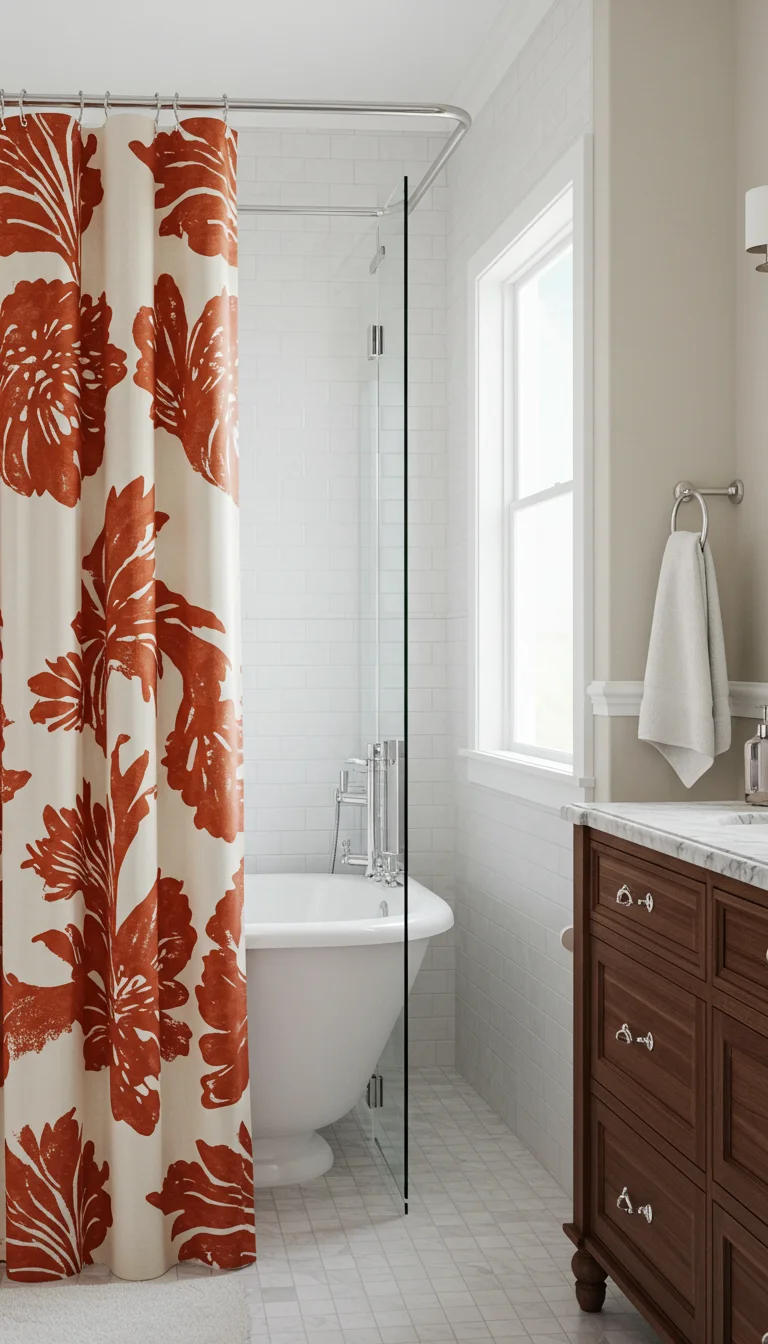 17 Bright & Breezy Bathroom Decoration Ideas 6 4. Install a Chic Shower Curtain